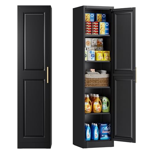 71''Tall Narrow Storage Cabinet Metal Bathroom Cabinet with Doors and 4 Adjustable Shelves, Slim Pantry Cabinets Cupboard for Small Space, Apartment, Bathroom, Kitchen, Laundry (Black) - color: Black, size: 71"H x 16.5"W x 15.8"D