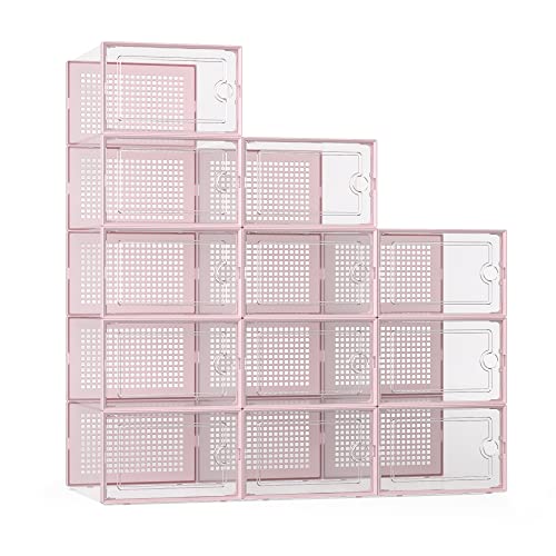 Kuject X-Large Shoe Storage Boxes 12 Pack, Clear Stackable Shoe Organizer | Shoe Case for Closet, Entryway & Under-Bed Storage, Drop-Front Design, Space-Saving Solution for Family Organization,Pink - color: Pink, size: X-Large