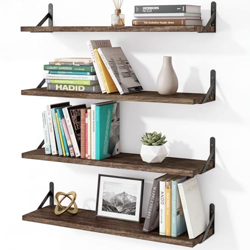 YGEOMER 23.6in Floating Shelves for Wall Home Decor, Brown, Wood, Set of 4 | Rustic wood shelves with metal brackets. Space-saving for books & decor. Works in bathroom, kitchen, living room & bedroom. - color: Brown, size: 23inch Standard