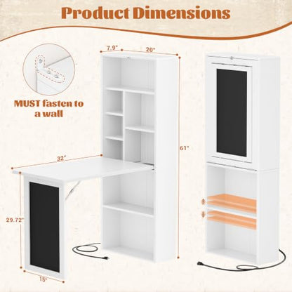 Small Folding Desk with Outlets, Fold-Out Murphy Desk Craft Table | Foldable Wall Mounted Desk Cabinet with Storage, Craft Cabinet with Fold Out Table, Multi-Function Desk for Small Spaces - color: White