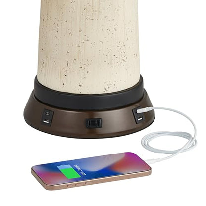 Rocco 30" Large Table Lamp White Ceramic USB Workstation Base Oak Wood | Mid Century Modern Charging Ports and AC Power Outlet Living Room Bedroom House Bedside Nightstand Office Home Tan Drum Shade - color: White Ceramic with USB Workstation Base