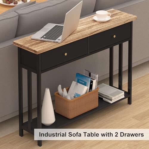 42" Solid Wood Console Table with 2 Fabric Drawers, Entryway Table with Storage Shelves, Sofa Table for Entryway, Hallway, Living Room, Kitchen or Behind Couch in Foyer, Black - color: Black