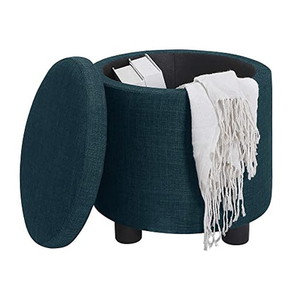 Designs4Comfort Round Accent Storage Ottoman with Reversible Tray Lid - color: Dark Blue Fabric