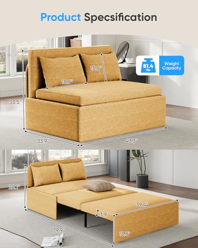 43.3" Twin Size Pull Out Sofa Bed，3-in-1 Linen Convertible Sleeper Sofa Bed,Loveseat Pullout Bed with Pillows and Tri-fold Mattress for Small Space/Bedroom,Yellow - color: Yellow, size: Twin
