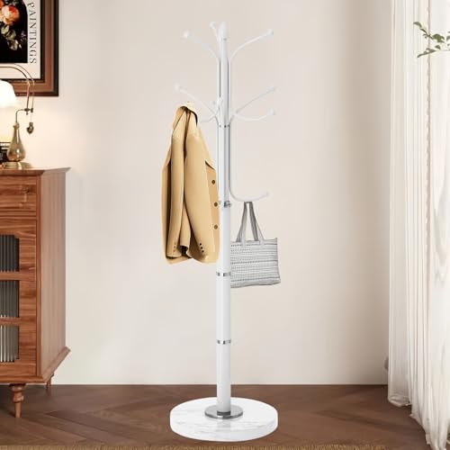 OIRUMIE Coat Rack,Coat Rack Freestanding with 12 Hooks for Entryway,Corner | Metal Coat Rack Stand with Natural Marble Base, White Modern Coat Hanger Stand, Clothes Hall Tree Stand for Hallway - color: White-12 Hooks