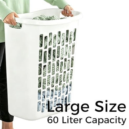 60L Plastic Laundry Hamper, White, Slim Tall Rectangular, Ventilated Clothes Basket with Handles, for Narrow Spaces, Bathroom, Dorm, and Apartments