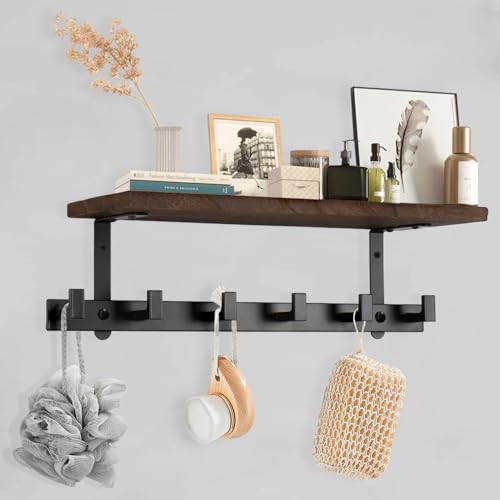 Coat Rack Wall Mounted with Shelf, Heavy Duty Wall Hooks with Wood Shelves Coat Hooks for Hanging Clothes Hats Towel Purse, Entryway Shelves with 6 Hooks for Bathroom (Dark Brown)
