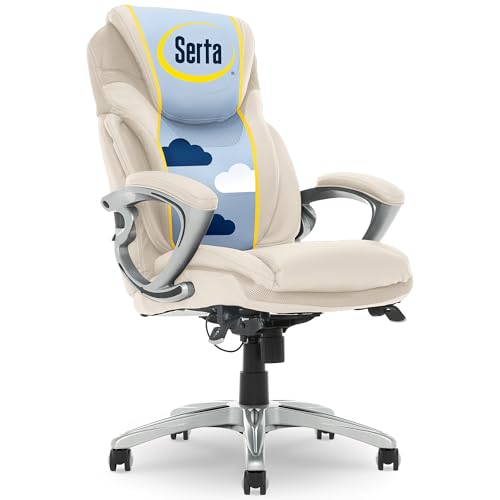 Serta Bryce Executive Office Chair - Ergonomic Computer DeskChair with Lumbar Technology - Adjustable Height - Memory Foam Body Pillows - 360° Swivel Rolling Base - Bonded Leather - Cream - color: Cream White