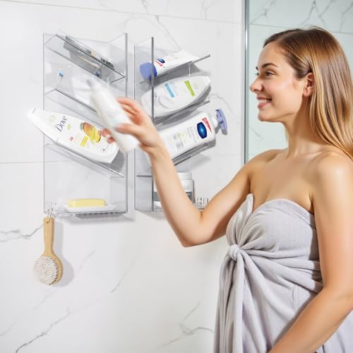 AITEE Acrylic Bathroom Organizer Caddy Shampoo Holder Combination Shelf | No drilling, wall mounted with drain holes, inclined shelf, bathroom, acrylic, rustproof, for bathroom toiletries - style: Combination Shelf