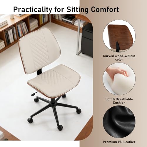 Modern Walnut Home Office Chair, Executive Desk Chair No Arms Beige | with Wheels, Adjustable Height, Comfy PU, Deeper Cushion, Mid Back, 360 Swivel Computer Chair - color: Beige