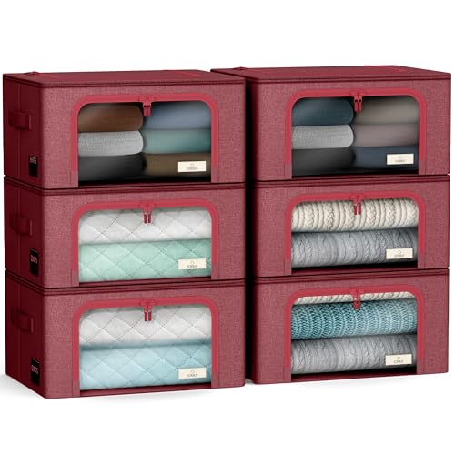 Sorbus Storage Bins with Metal Frame - Stackable & Foldable Clothes Organizer Bags - Oxford Fabric Storage Containers with Large Clear Window & Carry Handles, Bedroom Organization for Bedding & Linen - color: Pink, size: 6 Pack
