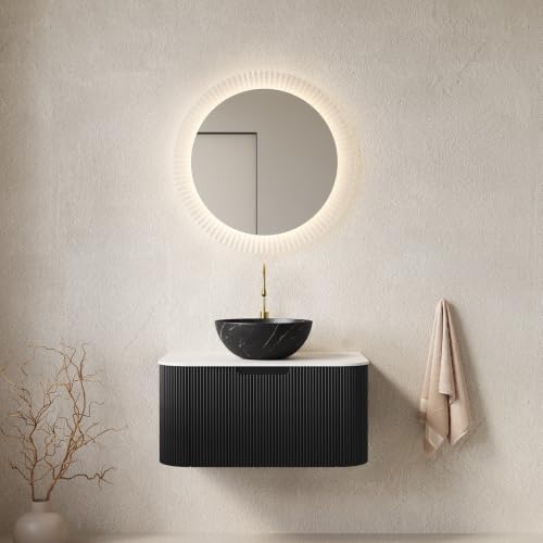 30" Floating Bathroom Vanity with Sink, Wall Mounted Plywood Cabinet, Black Fluted Front, Sintered Stone Countertop, Black Marble-Look Ceramic Bowl Vessel Sink, Soft-Close Drawer, Pre-Assembled - color: Black Cabinet / Black Marble Bowl Sink, size: 30 Inc