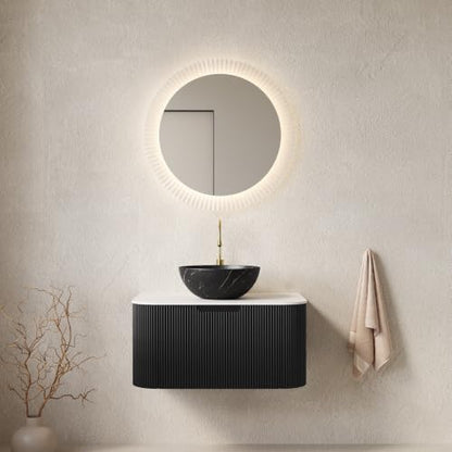 30" Floating Bathroom Vanity with Sink, Wall Mounted Plywood Cabinet, Black Fluted Front, Sintered Stone Countertop, Black Marble-Look Ceramic Bowl Vessel Sink, Soft-Close Drawer, Pre-Assembled - color: Black Cabinet / Black Marble Bowl Sink, size: 30 Inc
