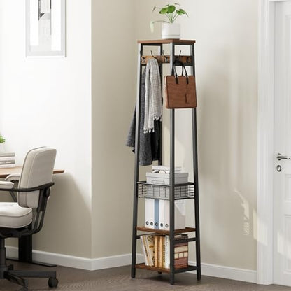 Coat Rack with Metal Basket and Storage Shelves | Coat Stand Freestanding, Hall Tree With and 7 Hooks, Clothes Rack Stand Organizer, Rustic Brown and Black - color: Rustic Brown and Black, style: 2 Shelves + 1 Basket