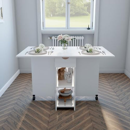 Mondeer Folding Dining Table with Drawer and Shelves, White | Drop Leaf Kitchen Table with 1 Drawer and 2 Storage Shelves in Modern Style for Small Spaces and Seats 4-6 People. - color: White
