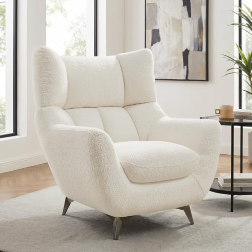 34.6" Oversized Accent Chair with WingBack, Teddy Boucle White | High Back, Wide Armrests, Metal Legs, Cozy Deep Seat Armchair , Reading Chair for Living Room, Bedroom, Apartment, Office - color: White, size: Set of 1