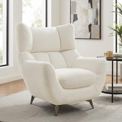 34.6" Oversized Accent Chairs with WingBack, Set of 2, Teddy White | High Back, Wide Armrests, Metal Legs, Cozy Deep Seat Armchair , Reading Chair for Living Room, Bedroom, Apartment, Office - color: White, size: Set of 2
