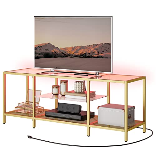 HOOBRO TV Stand with LED Lights and Power Outlets for TVs up to 65", Modern 55 Inch Tempered Glass TV Console Table with Open Shelves, Media Entertainment Center for Living Room, Gold GD145UDS01 - size: 55 Inch