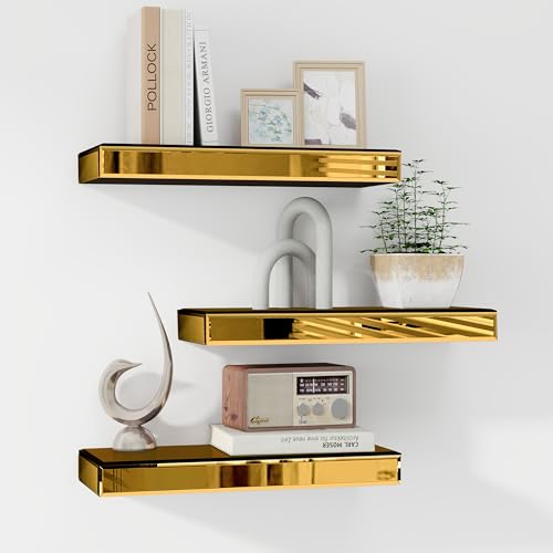 SHYFOY Glass Floating Shelves for Wall, Set of 3, Brass | Display Wall Shelves with Invisible Brackets for Bathroom, Living Room, Bedroom and Kitchen - color: Brass-3pack