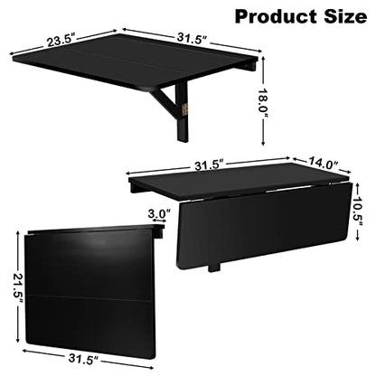Wall Mounted Folding Table, 31.5’’ x 23.5’’ Wood Floating Desk for Laptop, Study & Dining in Balcony, Bedroom, Bathroom, Kitchen, Drop-Leaf Wall Desk Fold Down for Small Spaces (Black)