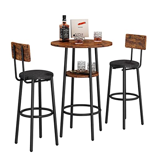 KIVENJAJA 3-Piece Bar Table Set for 2, Small 2-Tier Round Bistro Pub Dining Table & PU Upholstered Stools with Backrest, Counter Height Table and Chairs Set for Kitchen Small Space, Rustic Brown - color: Rustic Brown