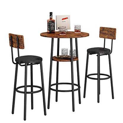 KIVENJAJA 3-Piece Bar Table Set for 2, Small 2-Tier Round Bistro Pub Dining Table & PU Upholstered Stools with Backrest, Counter Height Table and Chairs Set for Kitchen Small Space, Rustic Brown - color: Rustic Brown