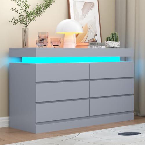 Gyfimoie 6 Drawer Dresser with Power Outlet, Dresser with LED Light | Modern Chest of Drawers for Closet, Wide Drawer Organizer Cabinet for Bedroom,Living Room - color: Grey, size: 15.7"D x 47.2"W x 32.3"H (6 Drawers)
