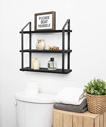 Mkono Floating Wall Shelves 3 Tier Rustic Hanging Shelf with Metal Bracket Wall Mount Wood Storage Display Shelves for Living Room Bathroom Bedroom Kitchen Office,Black | Bathroom Storage, Clutter-Free, Easy Install, Rustic Decor, Over Toilet Organizer, F