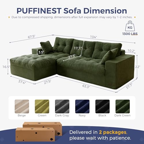 MAXYOYO Boneless Couch, 104-Inch L-Shaped Cloud Couch with Ottoman | Dark Green Upholstered Sofa Features Layered Cushions and Flexible Modules with No Assembly, Ideal for Modern Living Rooms. - color: Dark Green, size: 104" L Shape