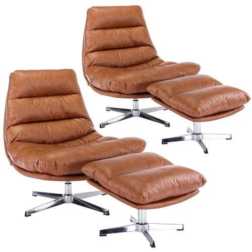 Modern Swivel Accent Chairs with Ottoman Set of 2, PU Leather Oversized Armless Reading Chairs with Footrest, 33'' Wide Upholstered Lounge Chairs with Footstool for Living Room Bedroom Comfy, Brown - size: 2 SET