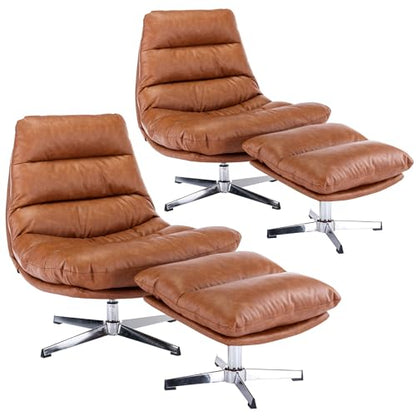 Modern Swivel Accent Chairs with Ottoman Set of 2, PU Leather Oversized Armless Reading Chairs with Footrest, 33'' Wide Upholstered Lounge Chairs with Footstool for Living Room Bedroom Comfy, Brown - size: 2 SET
