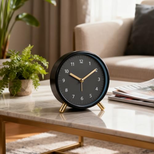 Yosoo Night Light Table Clock Modern Silent Bedside Desk Clock for Bedroom Alarm, Minimalist Design, Anti Impact, Scratch Proof, Easy to, Long Lifespan, (Black Round (with Alarm +Night Light))