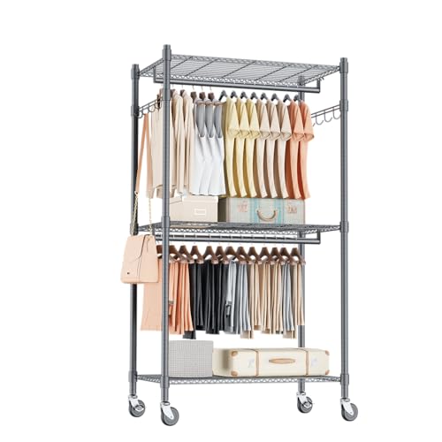 Homdox Narrow Rolling Garment Rack with Double Rods and 3 Adjustable Shelves, Compact Portable Closet Organizer for Bedroom, Dorm, Laundry Room, 23.62" W x 16.54" D x 80.71" H, Gray - color: Grey, size: 16.54"D x 23.62"W x 80.71"H