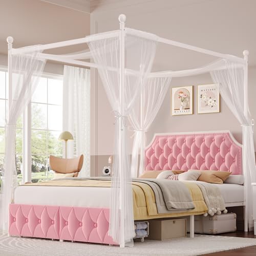 Full Upholstered Canopy Bed Frame with 2 Storage Drawers & Button Tufted Headboard, Metal Platform Bed with 4 Removable Posts, Two-Purpose Velvet Bed, Pink/Curtain Not Included - color: Pink, size: Full
