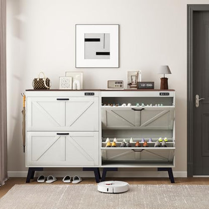 Shoe Storage Cabinet with Deodorizer, Narrow Entryway Storage, Anti-Tip | Deodorizer with 4 Modes , 2 Flip Drawers , Adjustable Shelves , Narrow White Design , Anti-Tip Kit , 9.4"D x 31.4"W - size: 38.9"H x 31.4"W x 9.4"D