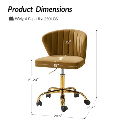 TINA'S HOME Velvet Office Desk Chairs with Wheels & Gold Base, Golden | Modern Velvet Cute Armless Office Chair, Adjustable Low Back Swivel Vanity Chair, Upholstered Task Chair for Living Room - color: Golden