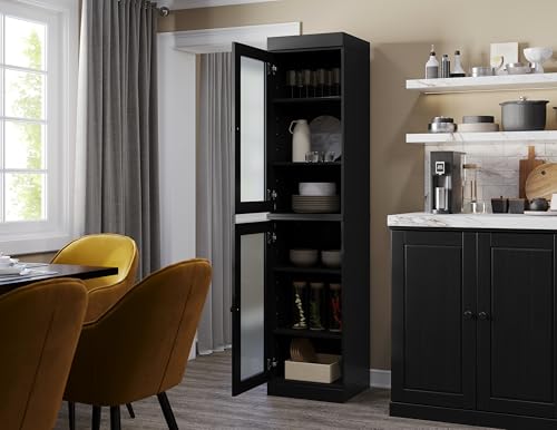 Solid Wood Kitchen Pantry Cabinet w/Frosted Glass Doors - Narrow Storage Cabinet - 16.5" Wide x 71.5" Tall - Black, Adjustable Shelves, 100% Eco-Friendly Wood, Modular Cabinets - color: Black, style: Frosted Glass Doors