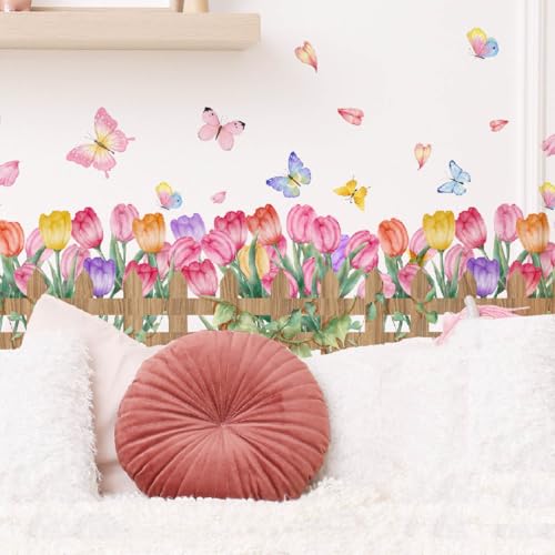 2 Pieces Tulips Wall Decals Vinyl Flowers Wall Stickers Removable Floral Art Murals Peel and Stick Colorful Tulips Fence Butterfly Decor for Girls Bedroom Living Room Nursery - style: Tulip
