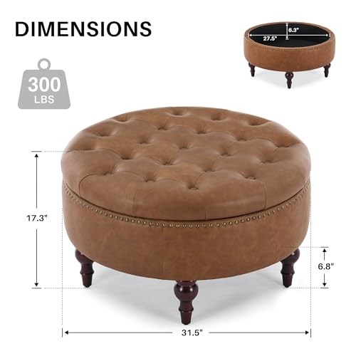 31.5" Large Round Storage Ottoman, Upholstered PU Ottoman Coffee Table | Large Ottoman with Solid Wooden Legs and Nailheads, Side Table for Living Room Bedroom Office, Brown - color: Brown