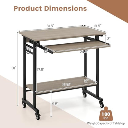 GIANTEX Rolling Computer Desk, Mobile Desk with Keyboard Tray & Wheels, Portable Laptop PC Table Cart with Shelf & Hooks, Small Desk for Small Spaces, Bedroom, Apartment (Grey Oak) - color: Grey Oak