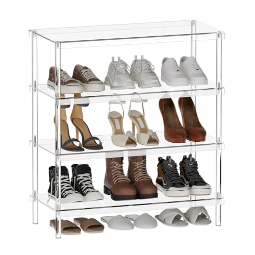 Aquiver 4-Tier Acrylic Shoe Rack - Shoe Rack Organizer - Modern Shoe Storage Shelf, Holds 12-16 Pairs of Shoes for Entryway, Closet - 25.6'' L x 11.8'' W x 28.3'' H, Clear, Easy Assembly & Clean - size: 25.6''L x 11.8''D x 28.3''H