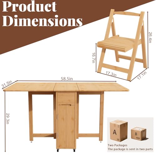 Folding Dining Table with Chairs, Bamboo Drop Leaf Foldable Tables for Small Spaces,Extendable Collapsible Dinette Table with Drawers and Wheels for Living Room Kitchen Apartment,No Assembly (Wood）