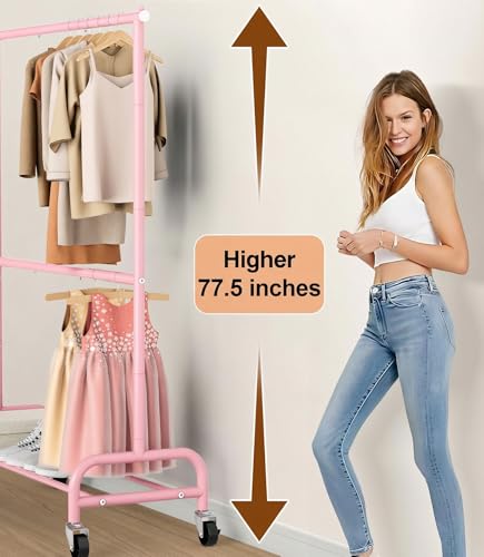 MISSLO Heavy Duty Clothing Racks for Hanging Clothes Rack Double Rod Garment Rack Rolling Closet Wardrobe Rack on Wheels, Metal, Adjustable (Pink) - color: Pink