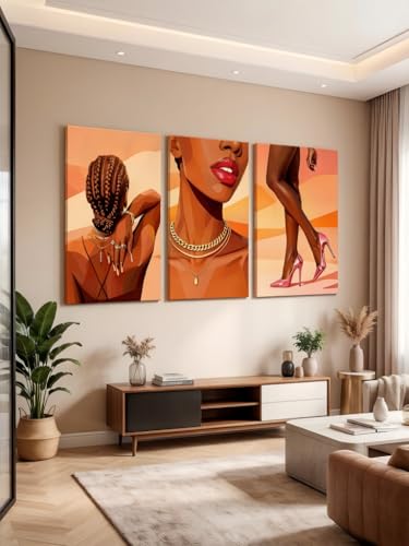 RYZopmuy Black Girl Wall Art Set of 3 Modern Black Female Painting Pictures | African American Black Women Canvas Posters Black Female Painting Pictures for Bedroom Living Room Bathroom 12x16in - color: African American women, size: 16L"x12W"