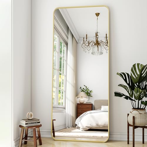 Gold Full Length Mirror 24 x 65 Rounded Corner for Home Decor | Nano Floor Mirror with Stand Rect Full Body Mirror Aluminum Alloy Frame Standing Leaning or Hanging for Bedroom Checkroom - color: Gold, size: 65"L x 24"W
