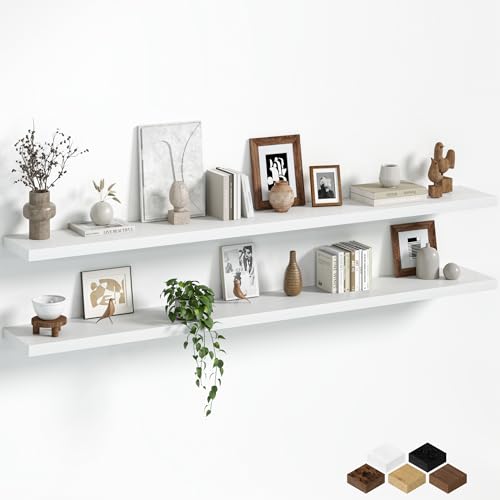 Fun Memories Floating Shelves for Wall, 72 Inch Long Set of 2 Rustic Wood Wall Shelves with Invisible Brackets, Heavy Duty Storage Display for Living Room Bedroom Kitchen, White - color: White, size: 8"D x 72"L - 2Pack