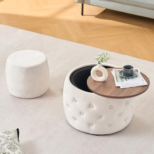 23" Velvet-Upholstered Accent Side Table, Modern Nesting Side Tables with Hidden Storage, Space-Saving Nesting Coffee Table Set with Wood Tray for Living Spaces, Beige - color: Beige