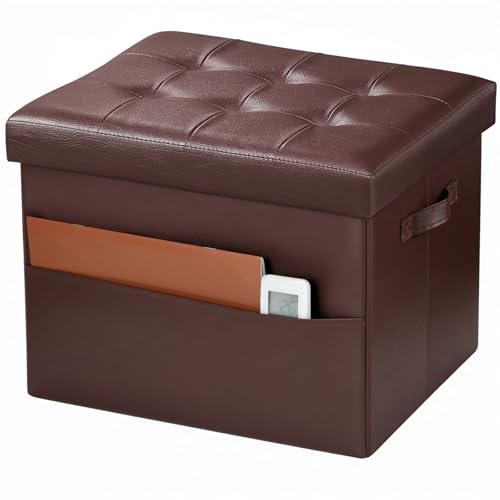 Bsketa Storage Ottoman Bench,17 Inch Folding Leather Foot Rest Stool, Brown | Small Ottoman with Side Pockets, Thicker Foam Padded Seat, Livingroom, Dorm, Bedroom, Easy to install, 43L,17x13x13in - color: Brown-1 Pack