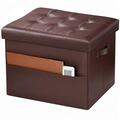 Bsketa Storage Ottoman Bench,17 Inch Folding Leather Foot Rest Stool, Brown | Small Ottoman with Side Pockets, Thicker Foam Padded Seat, Livingroom, Dorm, Bedroom, Easy to install, 43L,17x13x13in - color: Brown-1 Pack