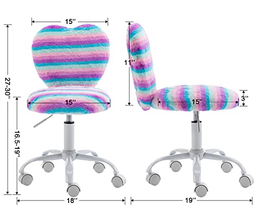 chairus Kids Desk Chair Faux Fur Small Study Chair for Teenage Girls, Adjustable Heart Shaped Kids Vanity Chair for Bedroom Reading Living Room, Cute Student Task Chair with White Foot, Rainbow - color: Rainbow